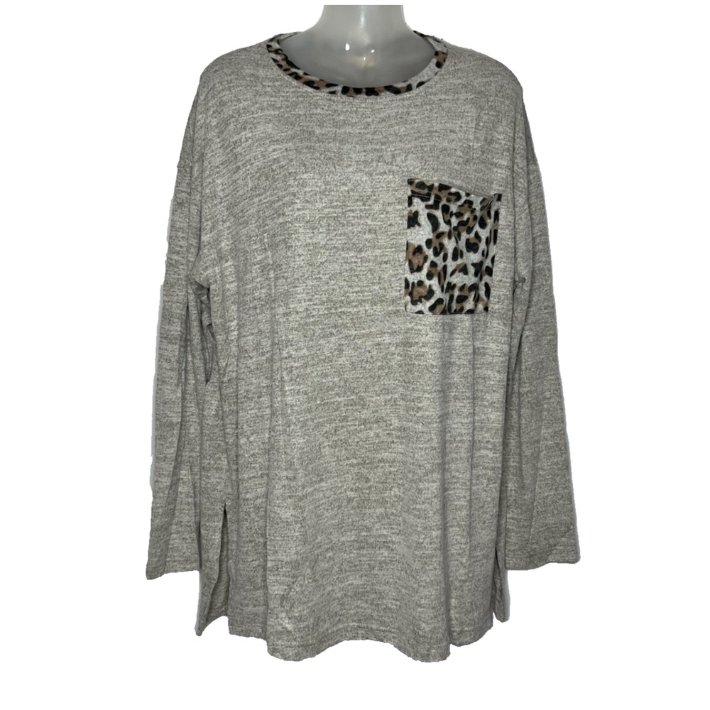 Easel Long Sleeve Hacci Tunic Top Beige Leopard Pocket Back Shirred